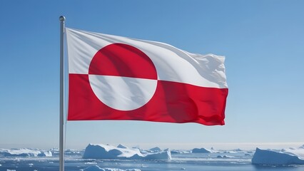 Naklejka premium Greenland flag waving on icy landscape.