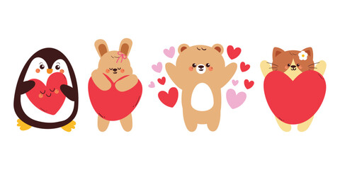 Fototapeta premium set of hand drawn animals with hearts for valentine theme stickers