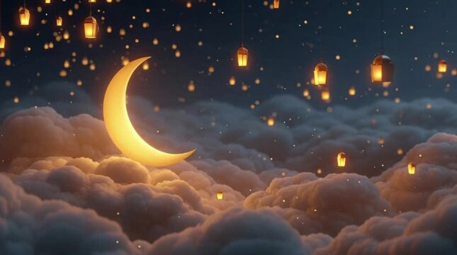 Golden crescent moon glowing above soft white clouds with hanging lanterns in a starry night sky