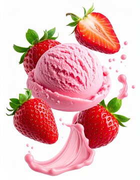 Strawberry Ice Cream Delight: A scoop of vibrant pink ice cream takes center stage, encircled by succulent strawberries, with a splash of the sweet treat adding to the visual feast.