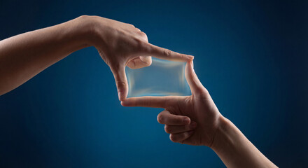Hands framing a glowing transparent digital screen on blue background