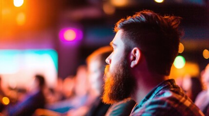 Audience member listens intently at an event with colorful lights