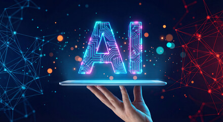 Hand holding tablet with glowing AI artificial intelligence icon
