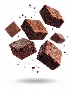 Brownie Delight: A delectable display of freshly baked chocolate brownies, seemingly floating in mid-air, creates a mouthwatering visual that's perfect for culinary projects or dessert-themed designs.