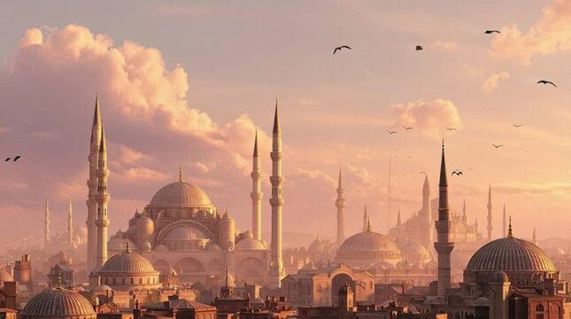 Panoramic view of a historic city with multiple majestic mosques under a golden sunset sky with birds flying