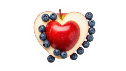 Heart shaped apple with blueberries on white background