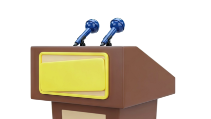 Podium with two microphones and yellow placard