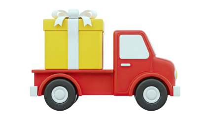 Red delivery truck carrying a large yellow gift box with white ribbon