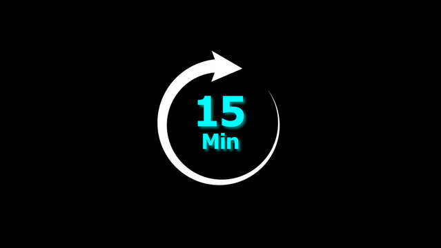 15 Min clock icon illustration. 15 minute illustration on black background and creating a stunning 4k illustration.