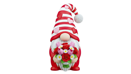 Valentine's Gnome Holding a Bouquet of Roses and Tulips