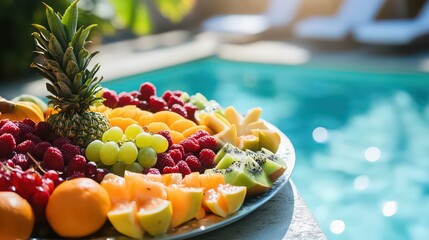 A vibrant platter of fresh fruit sits by the pool on a sunny day