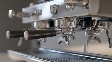 Close-up of a shiny, professional espresso machine.