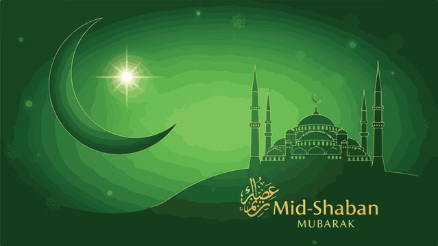 Green Mid-Shaban Mubarak card with mosque and crescent
