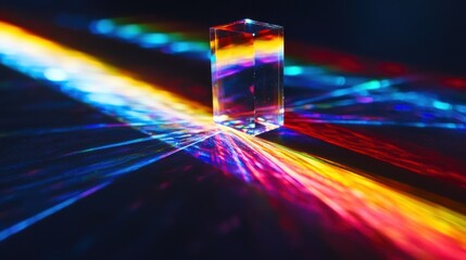 Diffraction order spectra crystal prism laser light dispersion rainbow bands optical physics phenomenon dark surface vibrant colors interference patterns macro