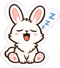 Obraz premium Cute cartoon rabbit sitting with closed eyes and a sleepy expression. Flat vector illustration representing rest and calm mood for cozy sticker designs.
