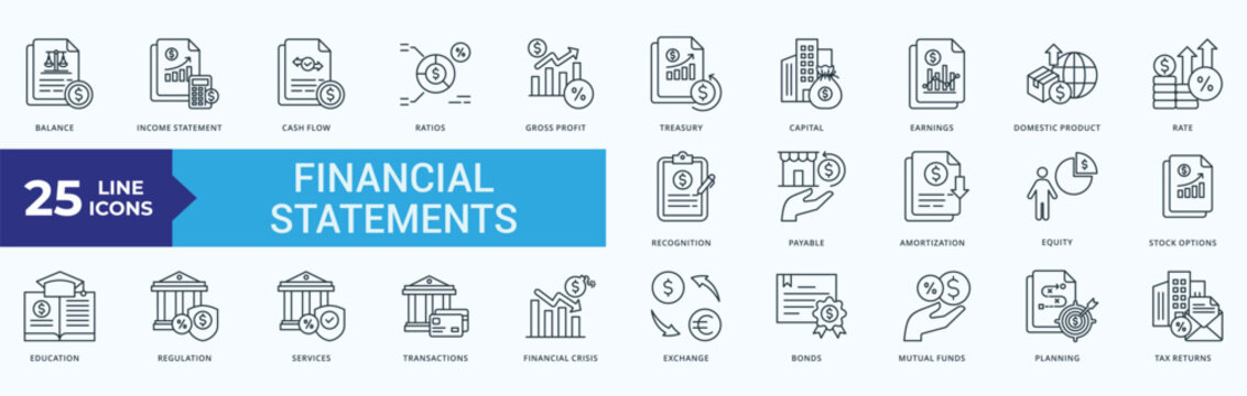 Financial Statement Icon Pack Outline Style Illustration Vector With balance, income, statement, cash, flow, ratios, gross, profit