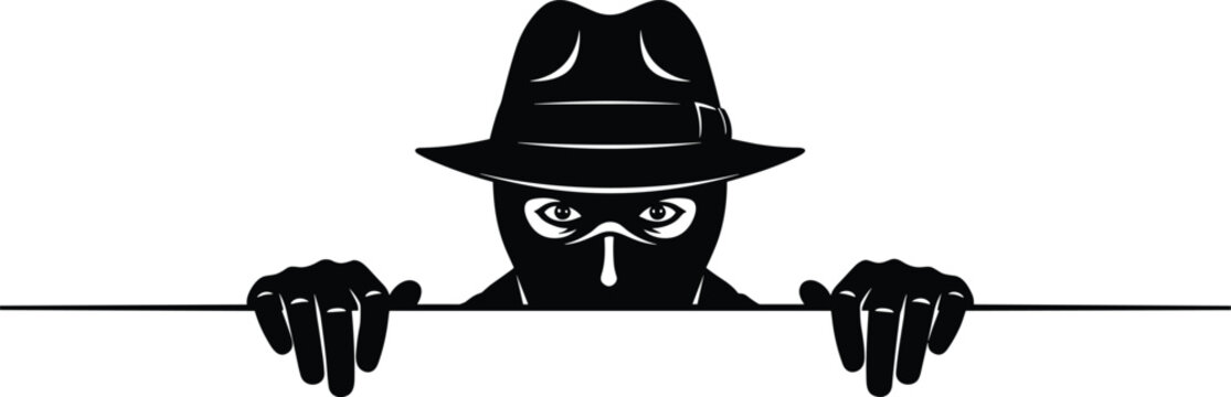 Mysterious man in fedora hat and mask peeking over edge, criminal or spy character silhouette, secret agent hiding, investigation concept vector