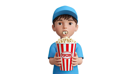 Boy eating popcorn from bucket with blue cap and shirt