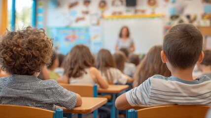 Elementary School Classroom with Students Listening to Teacher in Class, Focus on Front Row
