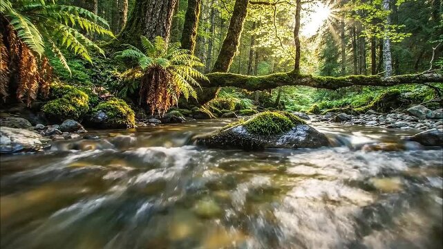 A lush green forest with a clear river flowing over mossy rocks and pebbles, sunlight filtering through the trees creating a serene and tranquil natural landscape