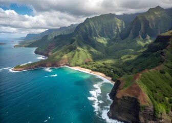 Majestic aerial view of the Na Pali Coast with lush green cliffs, turquoise ocean waves, and a secluded sandy beach in Kauai Hawaii