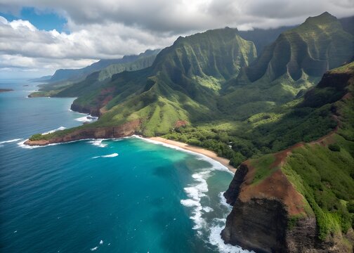 Majestic aerial view of the Na Pali Coast with lush green cliffs, turquoise ocean waves, and a secluded sandy beach in Kauai Hawaii