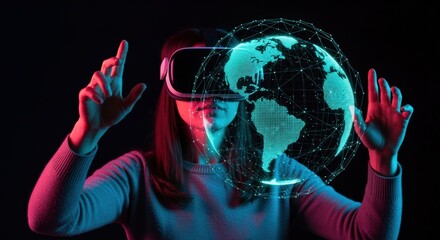 Immersive VR Experience: Woman Exploring Digital World with Virtual Reality Headset and Holographic Globe