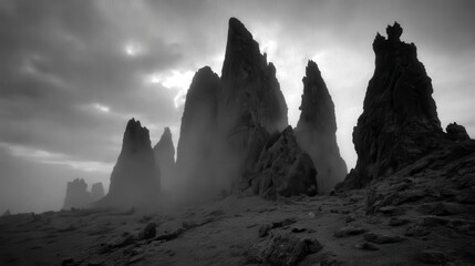 Misty Mountain Peaks Shrouded in Ethereal Fog creating a Dramatic, Atmospheric Landscape