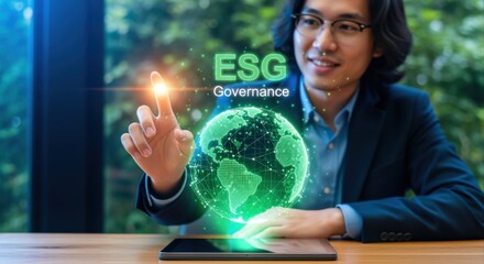 Innovate ESG Governance with Technology: Young Professional Touching Digital Earth Globe Interface Displaying Corporate Social Responsibility