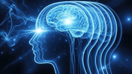 Glowing blue translucent human head profile with an illuminated brain, radiating bright mental energy