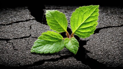 Resilient Green Plant Sprouting Through Cracked Asphalt in Contrasting Light and Shadow Showing New Life and Hope Amidst Decay on Black Background