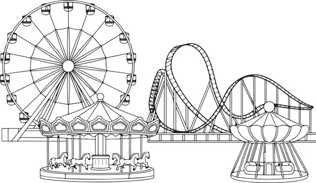 Set of amusement park rides line art illustrations including rollercoaster carousel and ferris wheel