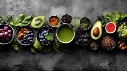 Variety of Colorful Fresh Fruits and Vegetables in Bowls on Dark Textured Background Overhead Studio Shot Health Food Vegan Diet