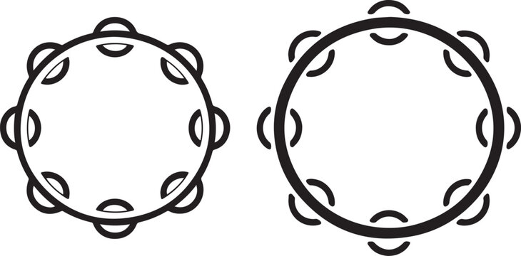 Two tambourine musical instrument line icons for percussion performance and celebration rhythm beat