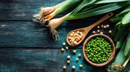 Wooden Table Displaying Fresh Green Peas in Bowl with Spoon and Scallions Featuring Natural Light and Moody Blue Surface