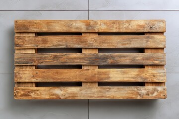 Worn Wooden Pallet on Gray Tiled Floor Close Up Overhead Shot
