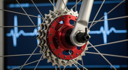 Bicycle Wheel Hub and Spokes with Heart Rate Monitor Displaying Cardiac Health Analysis