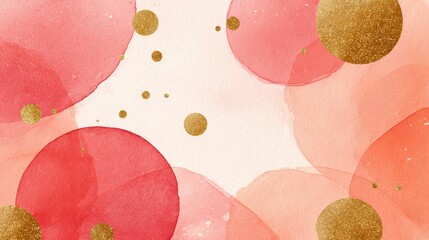 Abstract Watercolor Background with Coral Circles and Gold Glitter Accents on Light Backdrop Artistic Design Festive Theme Celebration and Decoration Modern Aesthetic
