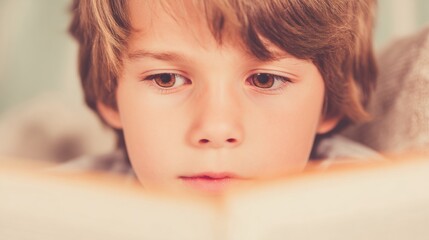 Obraz premium Young boy reading a book indoors during the afternoon