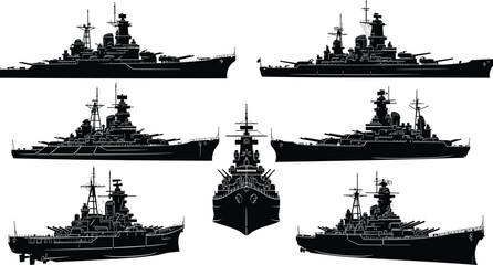 Battleship silhouette set with modern naval warships and destroyers, military fleet views, black vector illustration isolated on white © Its me...