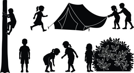 Children camping adventure silhouettes set, kids playing outdoors with tent and trees, childhood exploration black vector illustration © Its me...