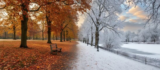 Seasons and weather change in park with trees from autumn to winter