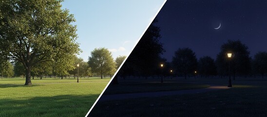 Daylight savings time change in park with trees from day to night