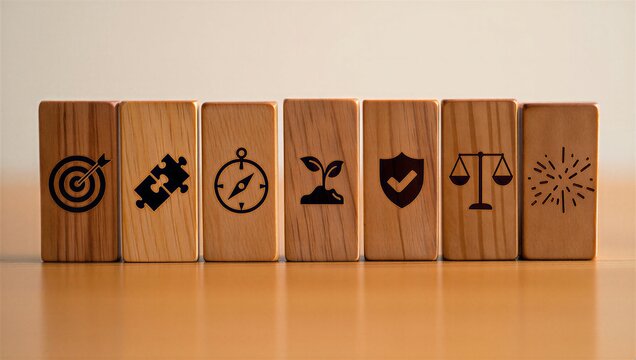 Row of wooden blocks showing business ethics values and sustainability icons jpeg
