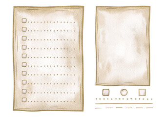 A to-do list with a checkbox, a set for creating your own checklist: a blank form, lines of dots, dashes, continuous line, various checkboxes. Hand-painted watercolor illustration of isolated elements