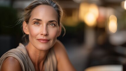 Obraz premium Portrait of a serene mature woman with elegant features and a gentle smile outdoors