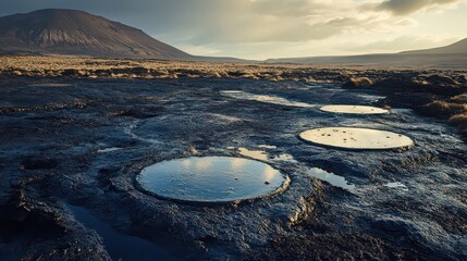 A serene landscape of mud pools in a natural volcanic area at sunset