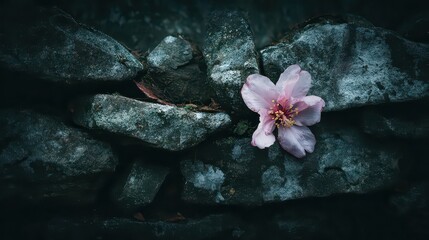 Delicate Pink Blossom on Dark Glittering Stone Texture in Dim Lighting Close Up Macro Shot Emphasizing Texture and Details of The Flower and Rock Background