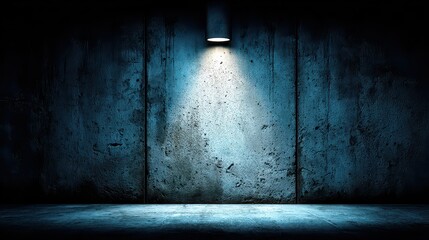 Dark Metallic Wall with Spotlight Casting Down in a Blue Toned Room with Rust Effects and a Rough Texture Creating a Moody Atmosphere