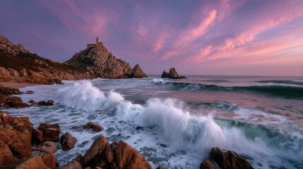 Fototapeta premium Ocean waves crash on a rocky coast at sunset, with a lighthouse atop a distant island